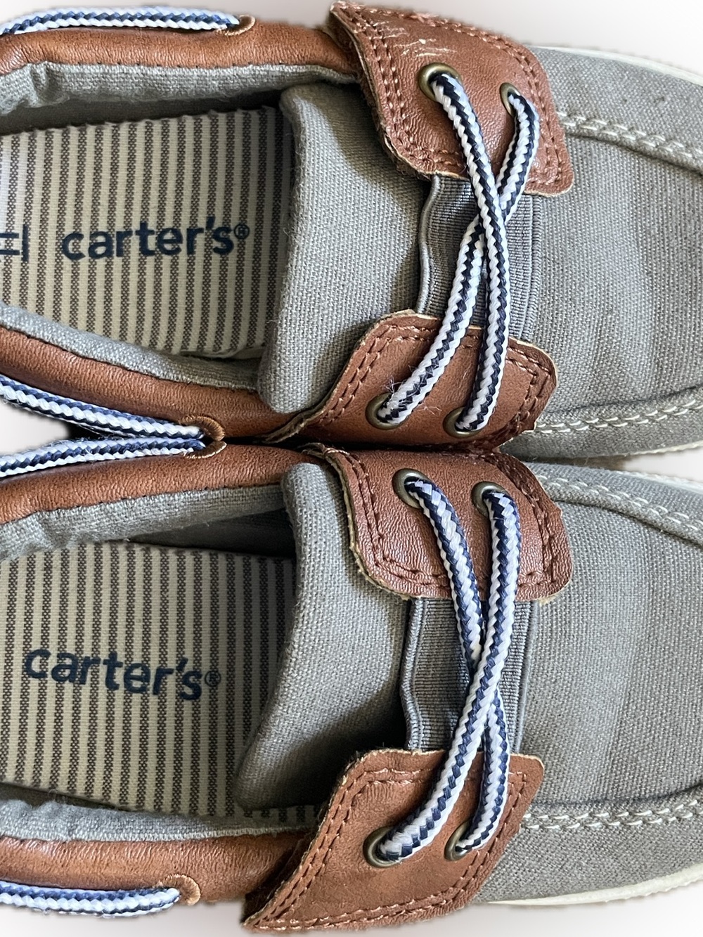 Carter's Kid’s Gray Canvas Boat Shoes with Brown Accents and Blue-White Laces